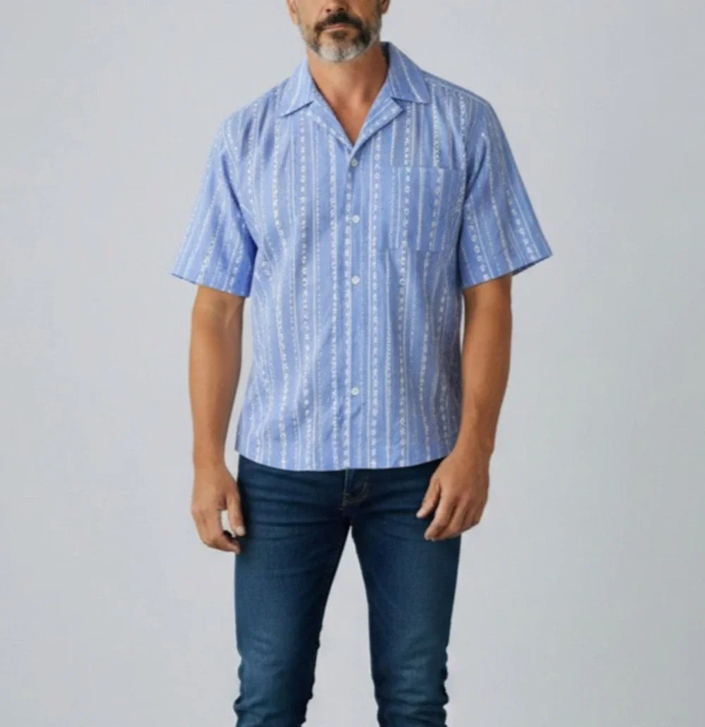 D0 NWT SCOTCH & SODA Blue Cotton Striped Short Slv Camp Collar Shirt Size S $148